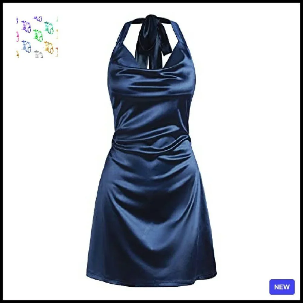 Satin Halterneck Mini Dress Elegant Cowl Neck Silky Party Cocktail Club Wear